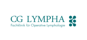 CG LYMPHA Fachklinik-Logo: blaugrüner Text und kreisförmiges, blaugrünes Symbol mit vier Punkten und zentraler Form auf weißem Hintergrund.