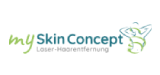 Logo mit grünem und blauem Text, Umriss einer Person, die die Arme hebt, was auf die Dienstleistungen von Skin Concept Laser-Haarentfernung hinweist.